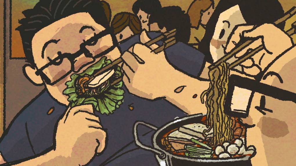 Illustration: One diner at a Korean restaurant shoves a lettuce wrap into his mouth while another eats noodles from a pot of stew.