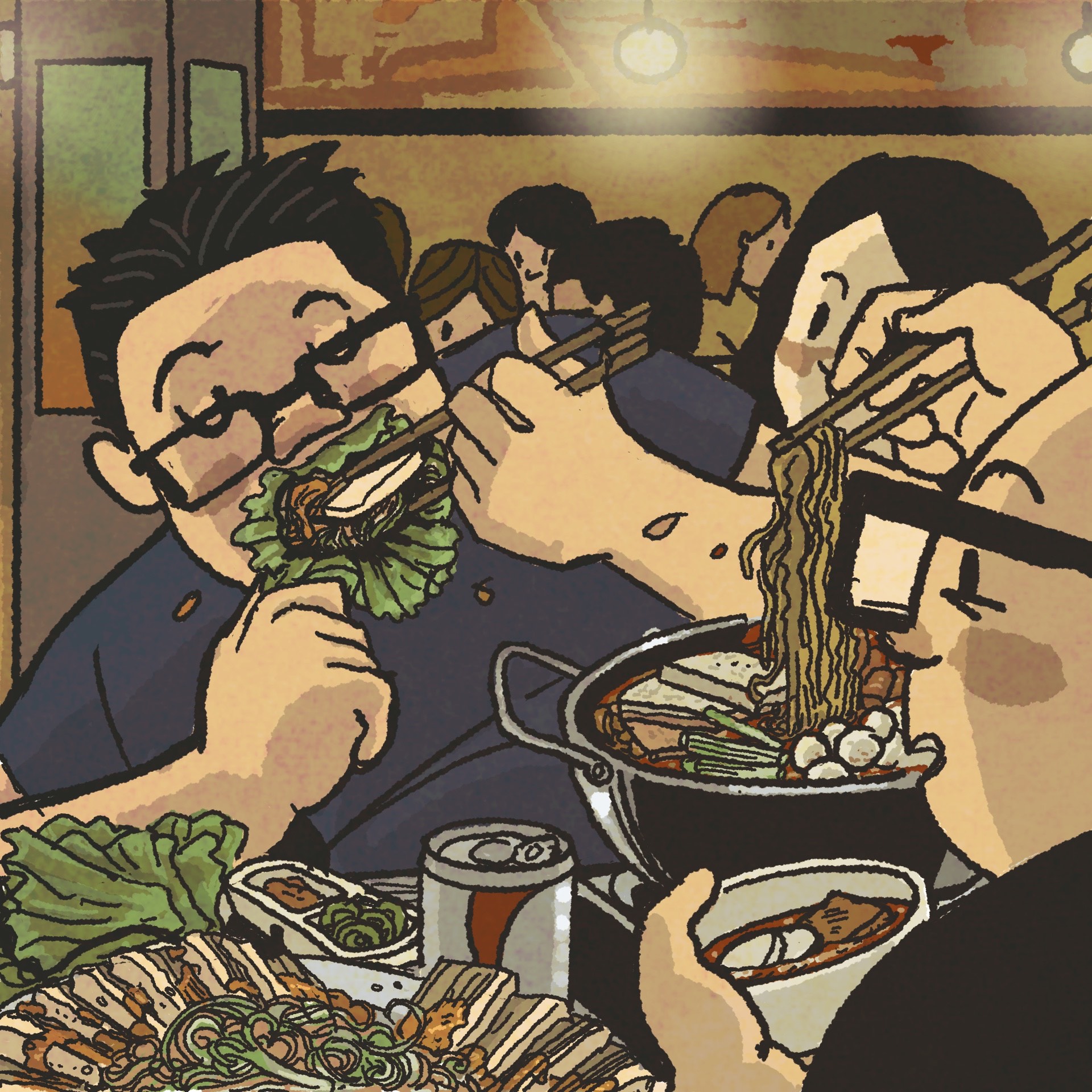Illustration: One diner at a Korean restaurant shoves a lettuce wrap into his mouth while another eats noodles from a pot of stew.