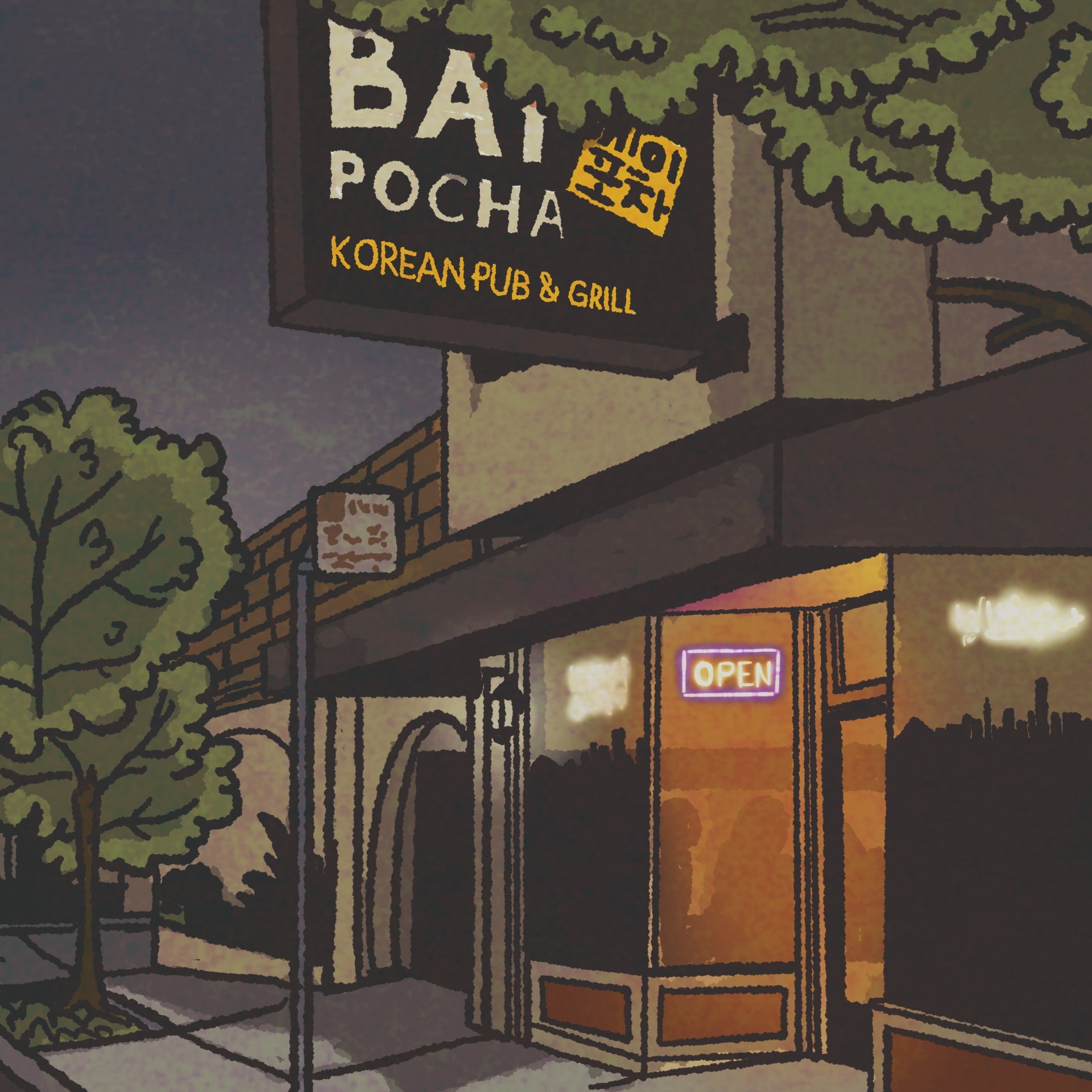 Illustration: Facade of a Korean restaurant; the sign reads, "Bay Pocha."