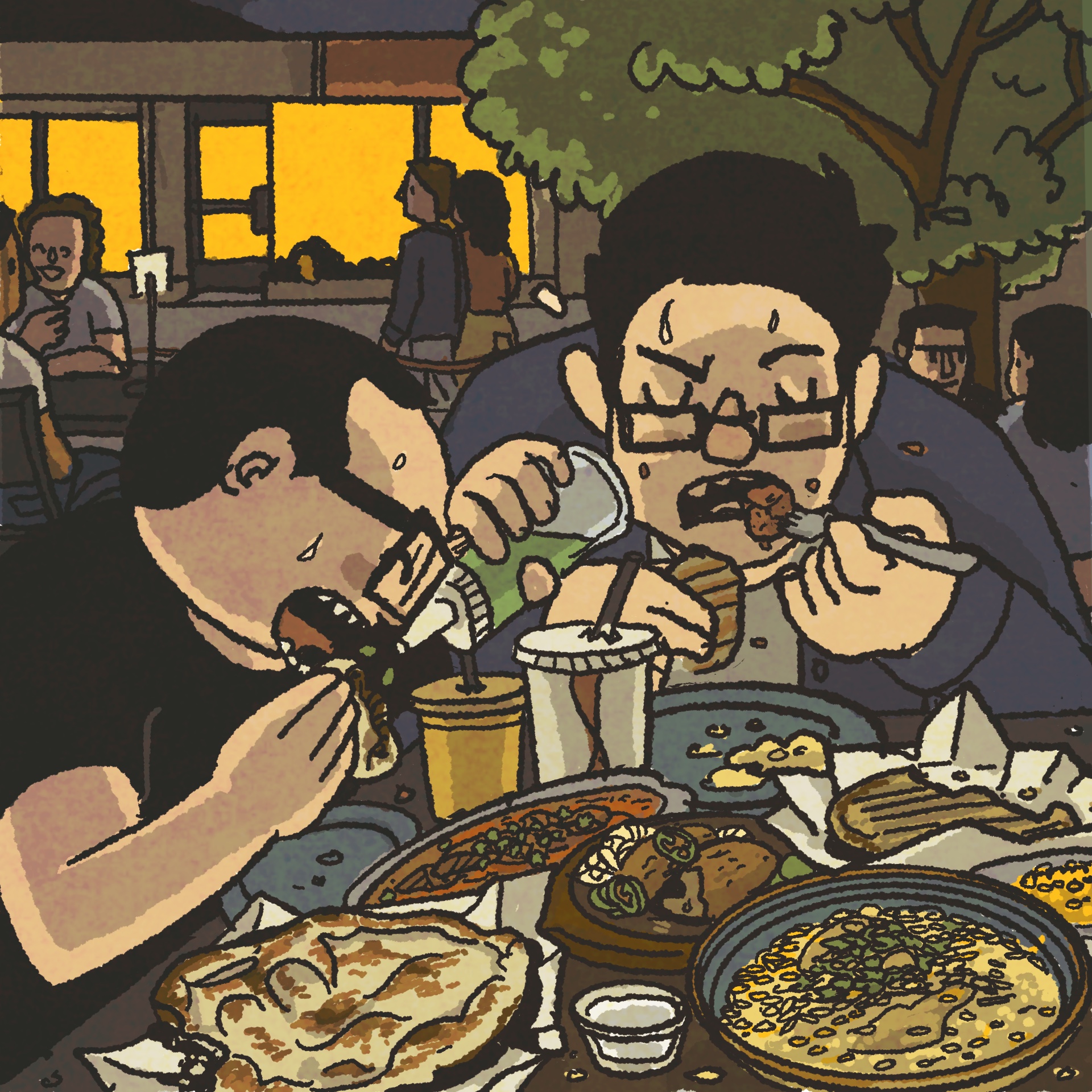 Illustration: Two men sweating while they eat Indian/Pakistani food.