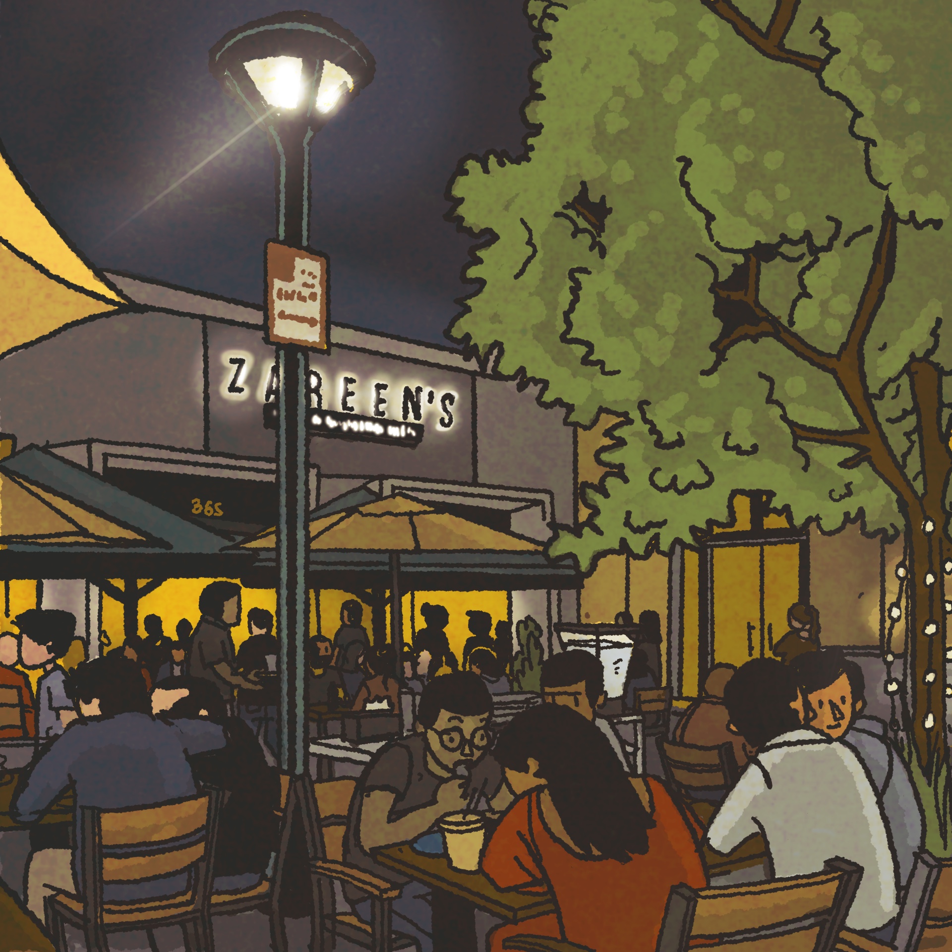 Illustration: A bustling front patio of a restaurant (the sign reads, "Zareen's") lit up at night.