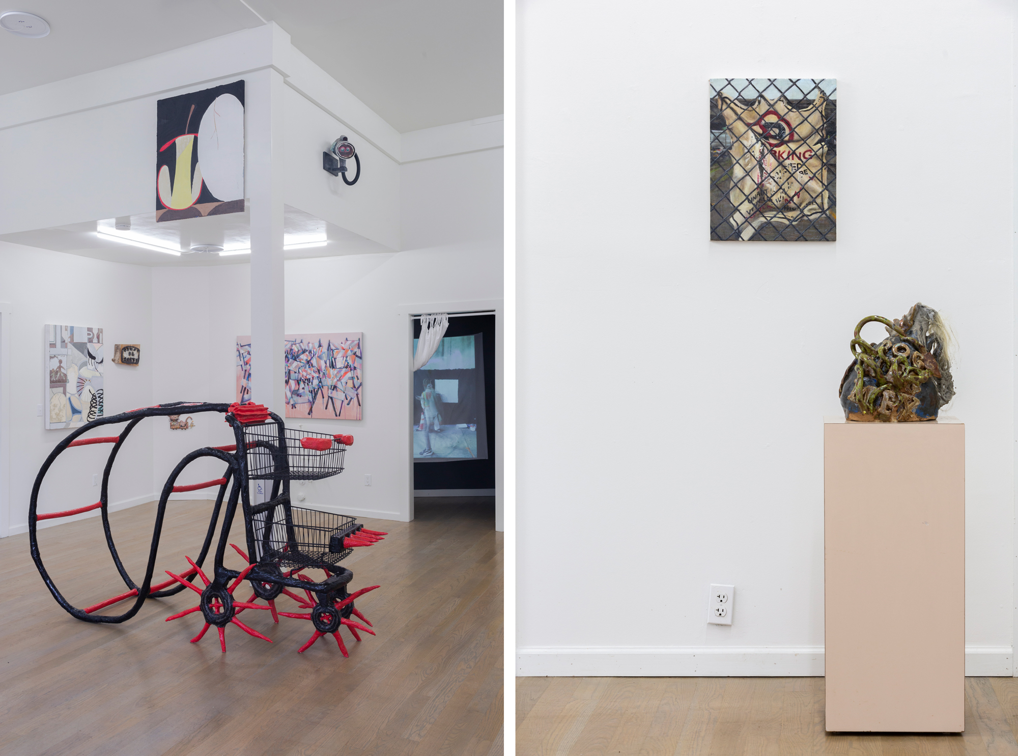 two images of paintings and sculptures in a white-wall gallery