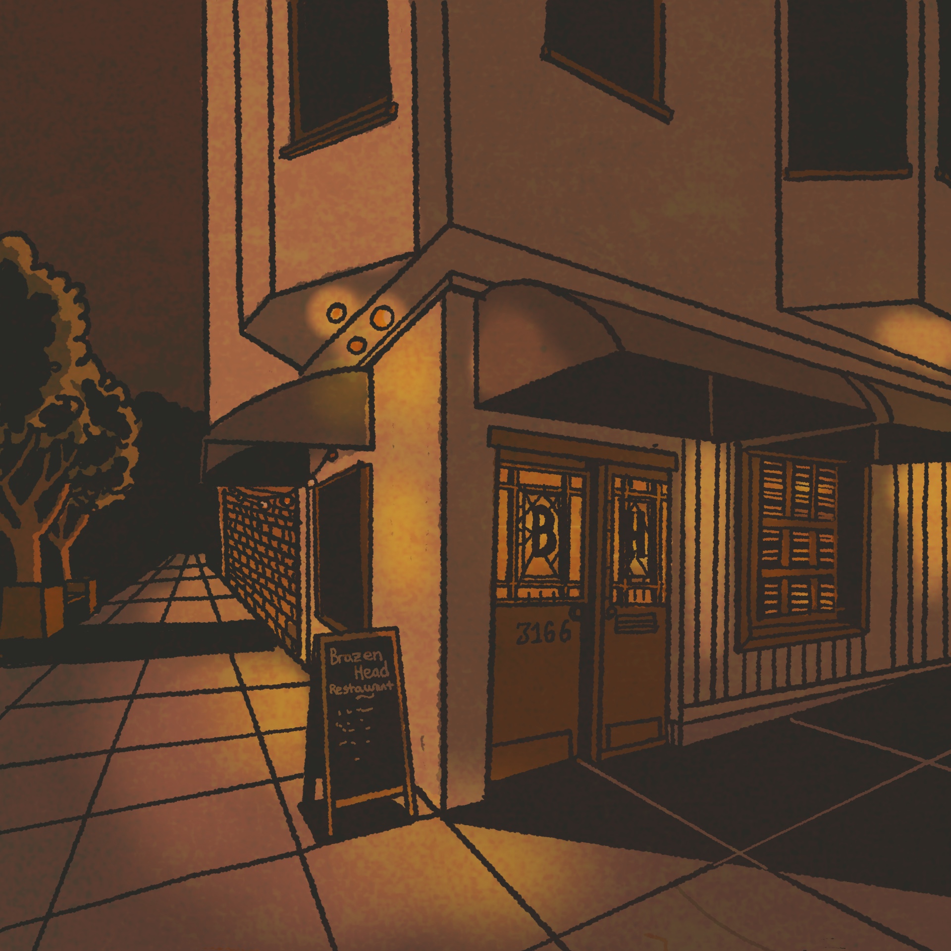 Illustration: The facade of an unmarked bar pictured late at night.