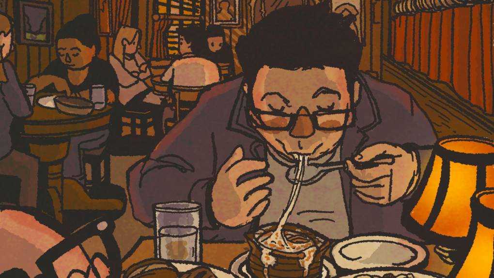 Illustration: A man eating a bowl of French onion soup, pulling up a long strand of melted cheese.