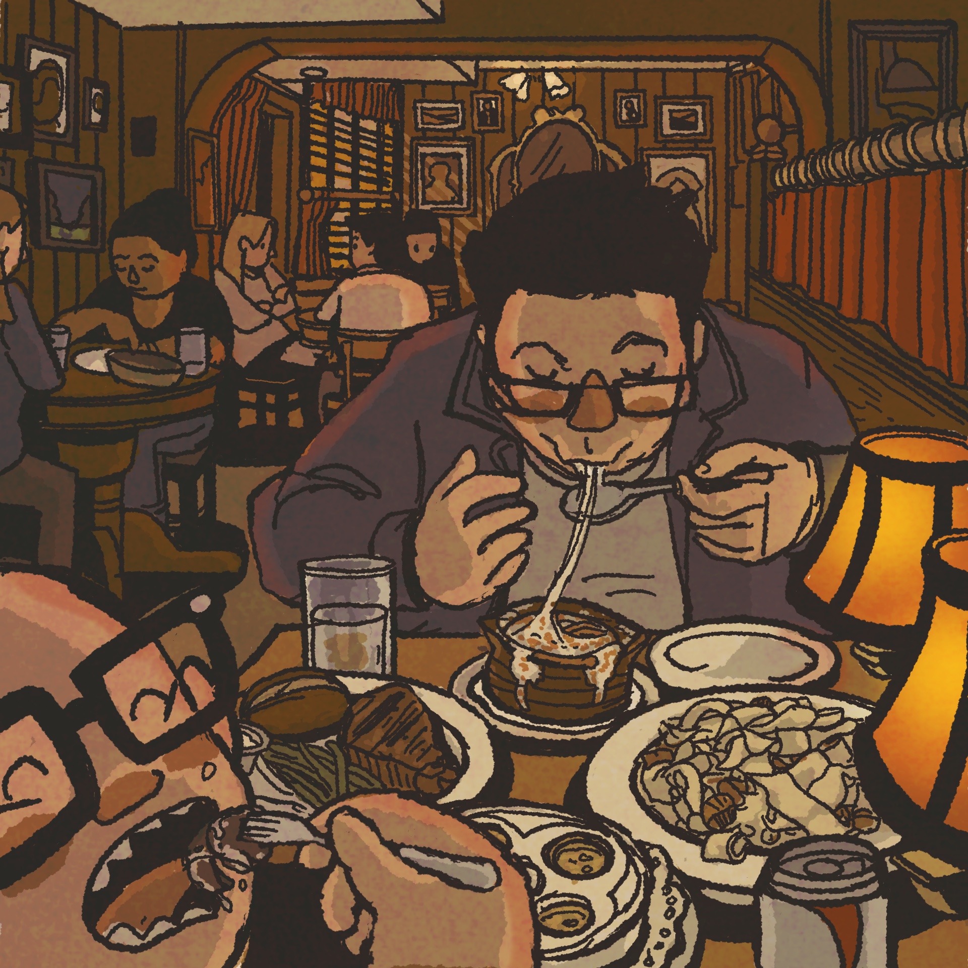 Illustration: One man eats a bowl of French onion soup, pulling up a long strand of melted cheese. Another, in the foreground, forks escargots into his mouth.