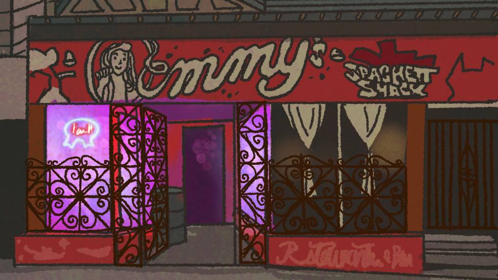 Illustration: red and purple front facade of a restaurant at nighttime. The sign reads, "Emmy's" in cursive.