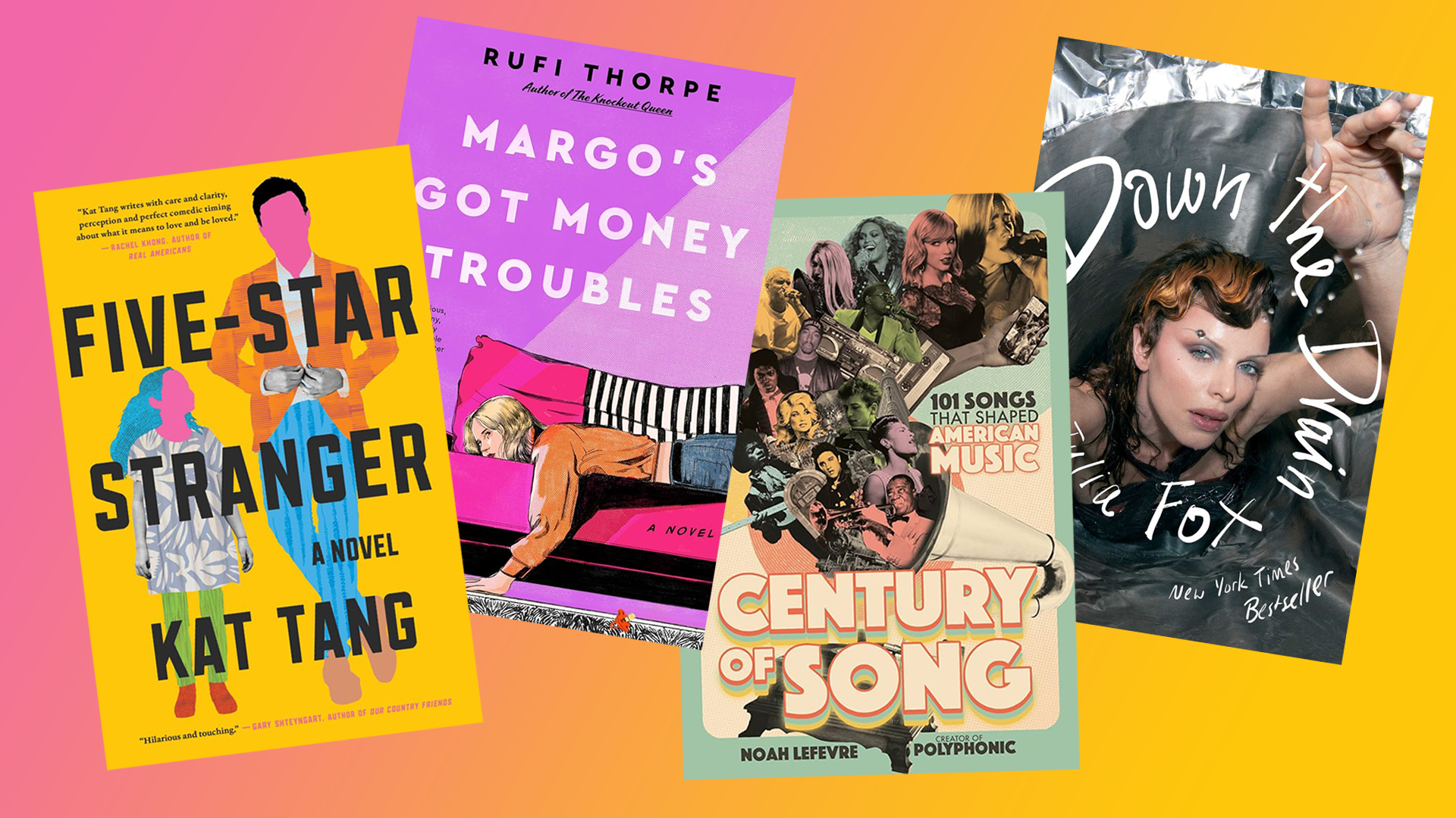 Four book covers arrayed across a background gradient of pink to yellow