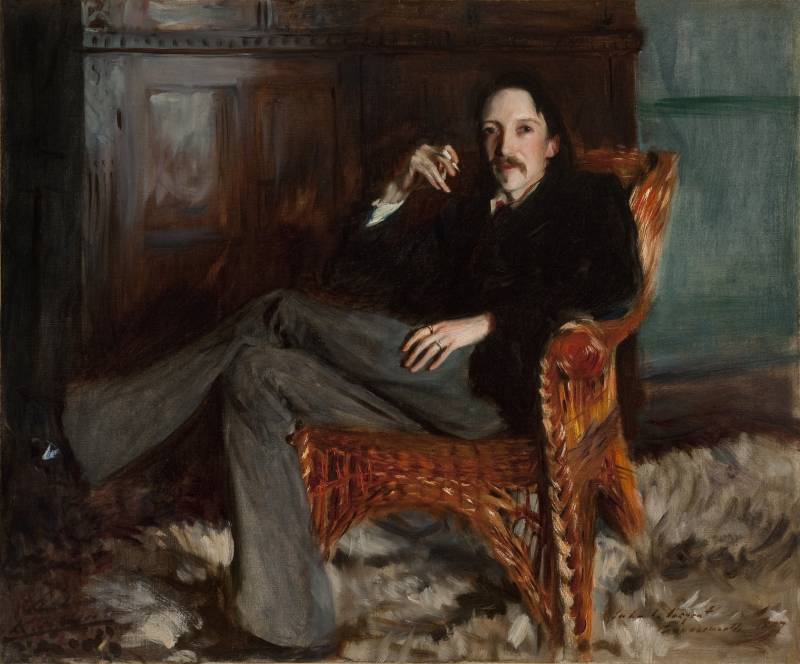 A grand painting of a slight white man sitting cross-legged in an armchair.