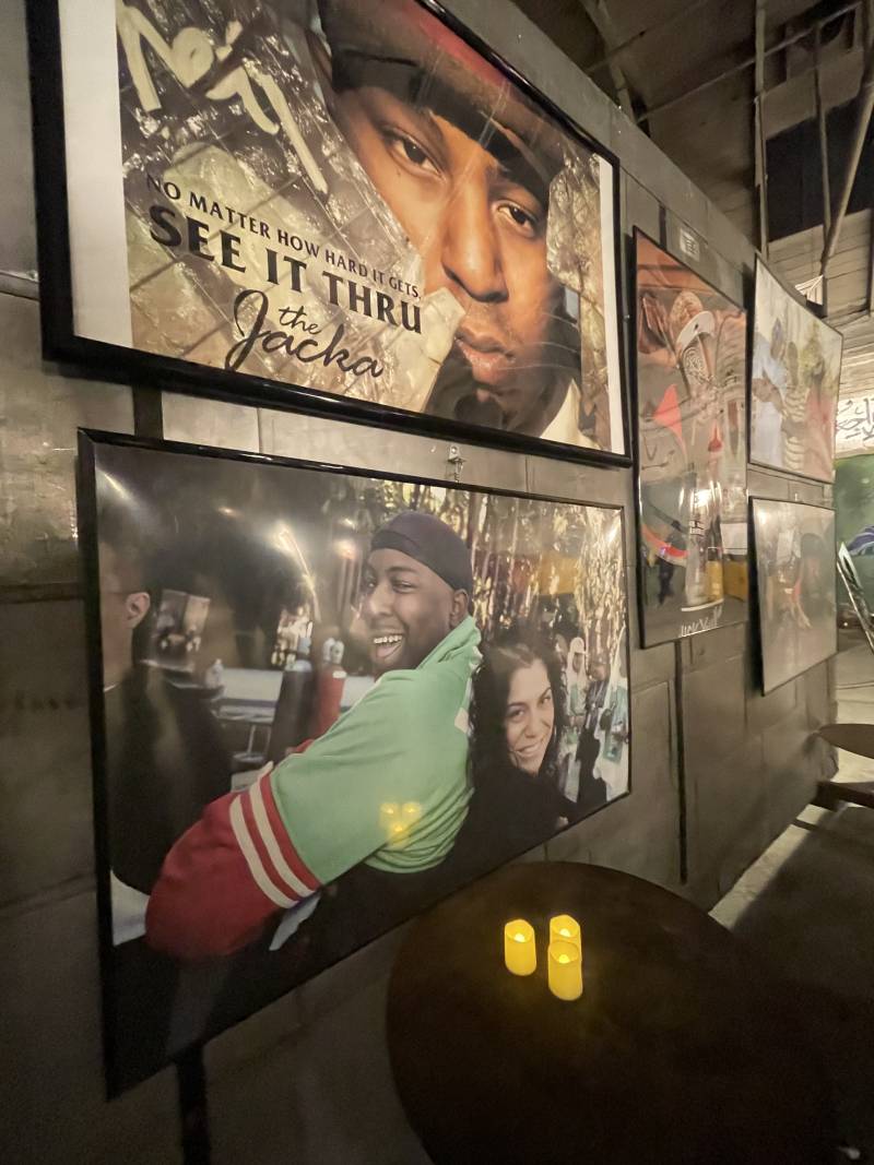 A framed photo of The Jacka and photographer D-Ray at an art exhibit dedicated to The Jacka in Oakland in February of 2024.