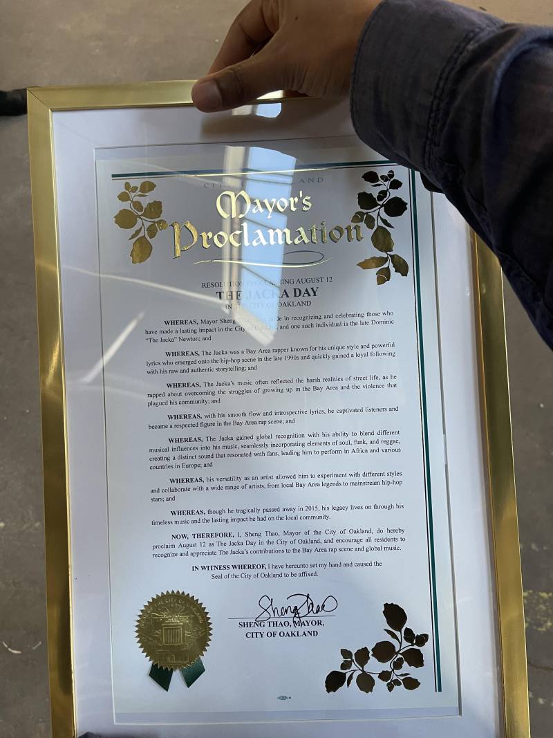 A signed proclamation from Oakland mayor Sheng Thao that August 12 is The Jacka Day in Oakland. 