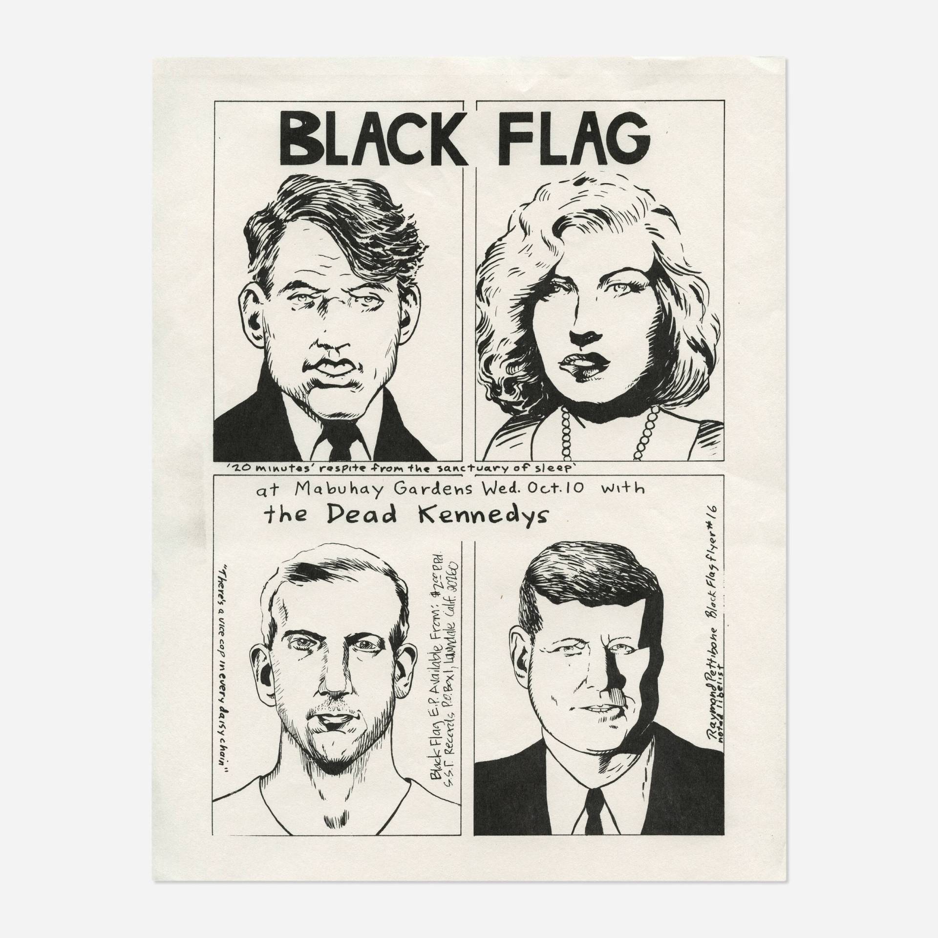 A flier featuring black and white sketches of four people including John F Kennedy and Lee Harvey Oswald.