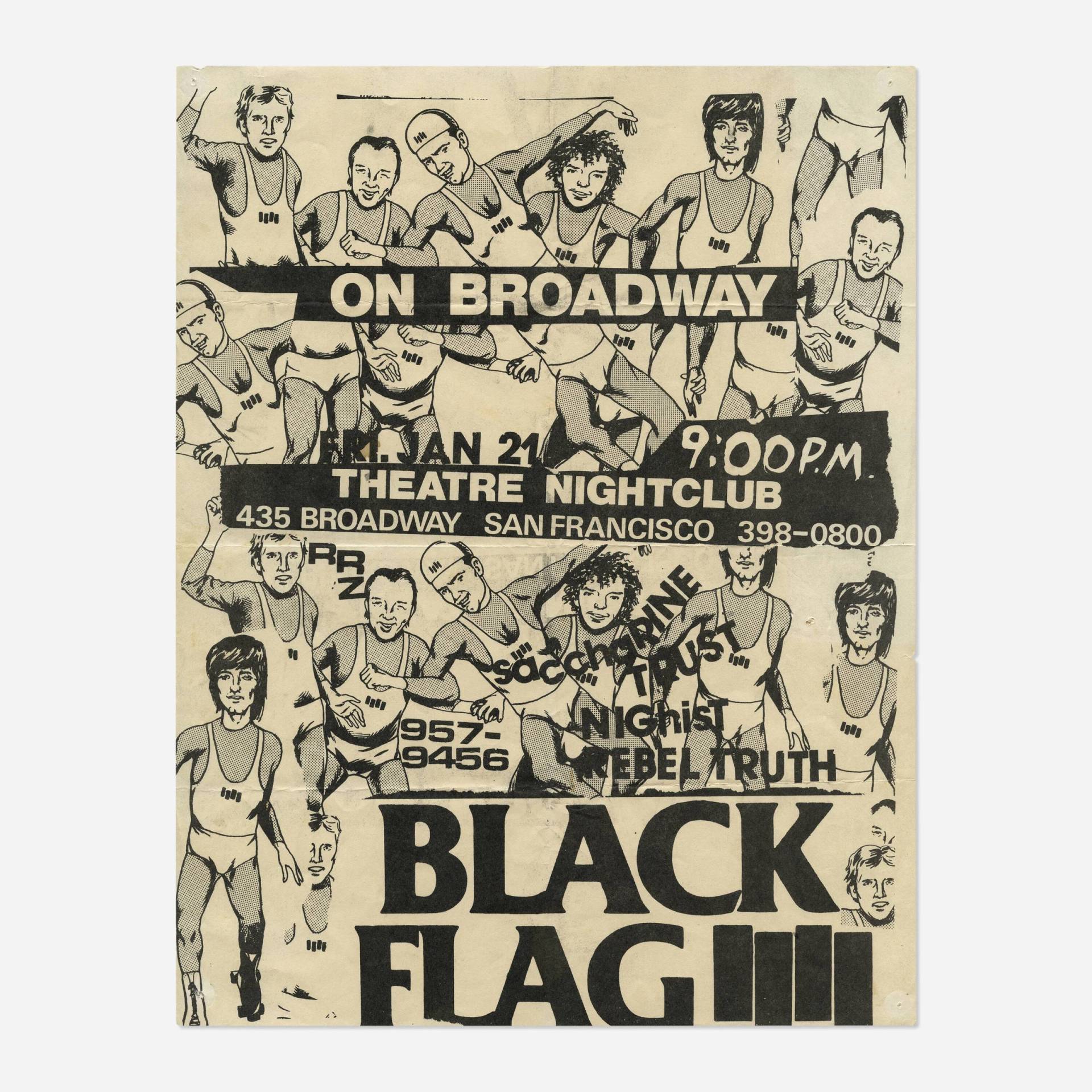 A flier featuring black and white drawings of crowds of men in underpants and tank tops.