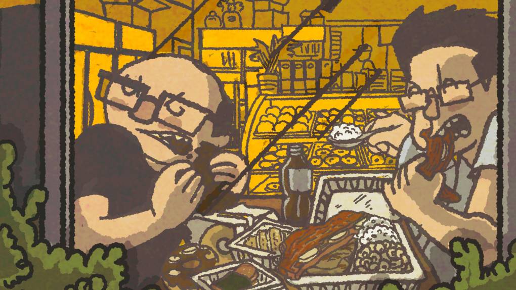 Illustration: Two men seen through the window of a doughnut shop. They're devouring doughnuts and plates of Hawaiian barbecue.