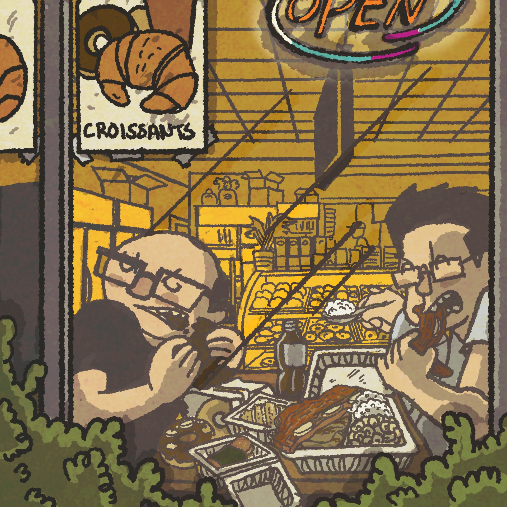 Image: Two men through the window of a donut shop. They devour donuts and plates of Hawaiian barbecue.