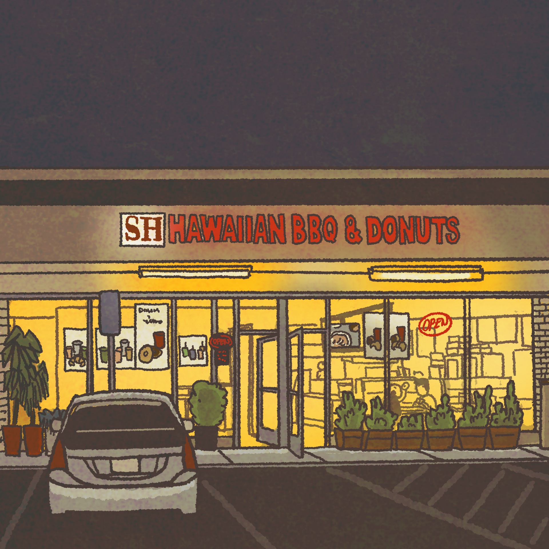 Illustration: The facade of SH Hawaiian BBQ & Donuts, lit up at night.