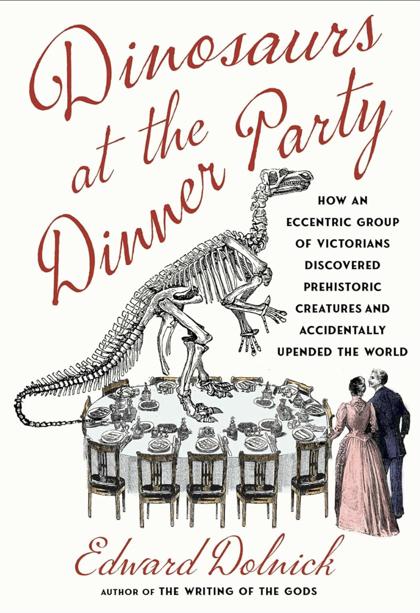 A book cover featuring an illustration of a large dinosaur fossil standing atop a formal dinner table. A Victorian man and woman watch on. 