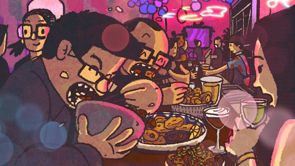 Illustration: Two men devour a spread of food while seated inside a neon-lit cocktail bar.