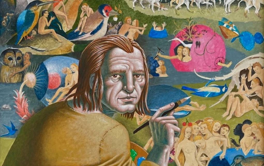 An illustration of a concerned looking man painting a landscape featuring naked people.