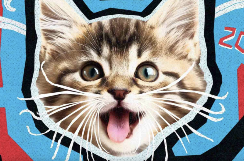 A kitten pulling an open-mouthed happy face pasted onto a colorful background.