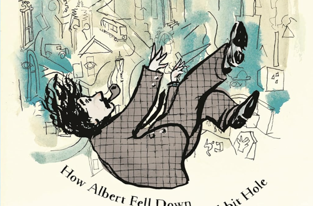 A book cover illustration depicts a Einstein, pipe in mouth, falling over backwards.