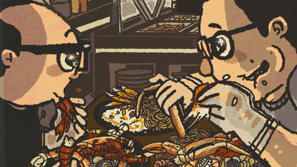 Illustration: Two men look starry-eyed with happiness as they devour plates of crab, shimp and other seafood.