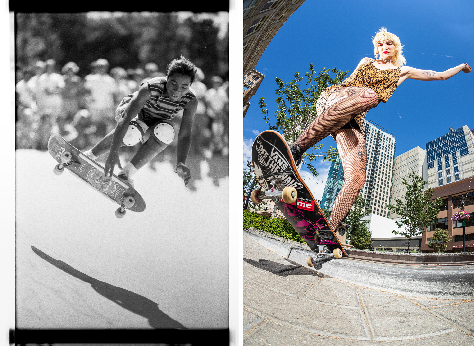 two images of femme skaters doing tricks, one in black-and-white, one in color