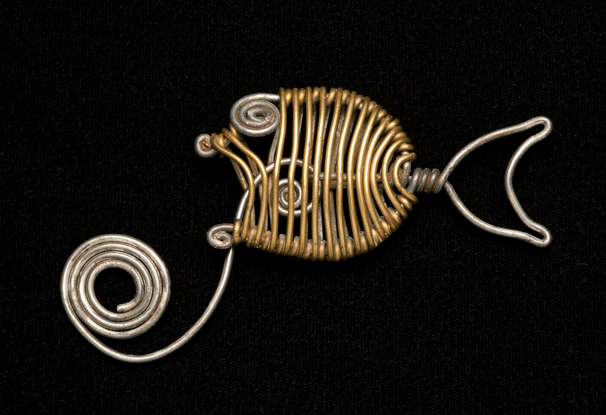 bent wire fish shape against black background