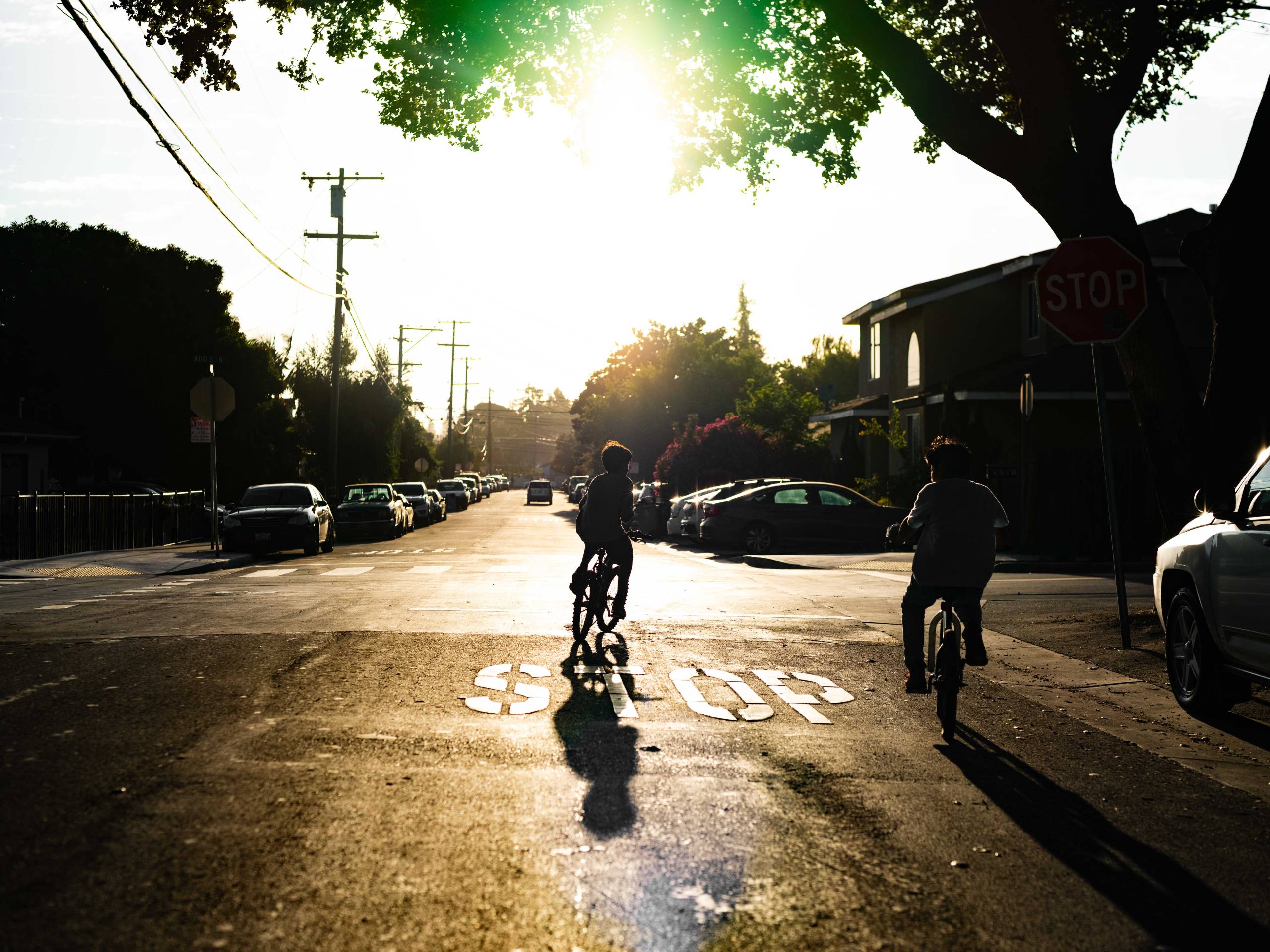 two adolescent boys ride their bikes in the twilight