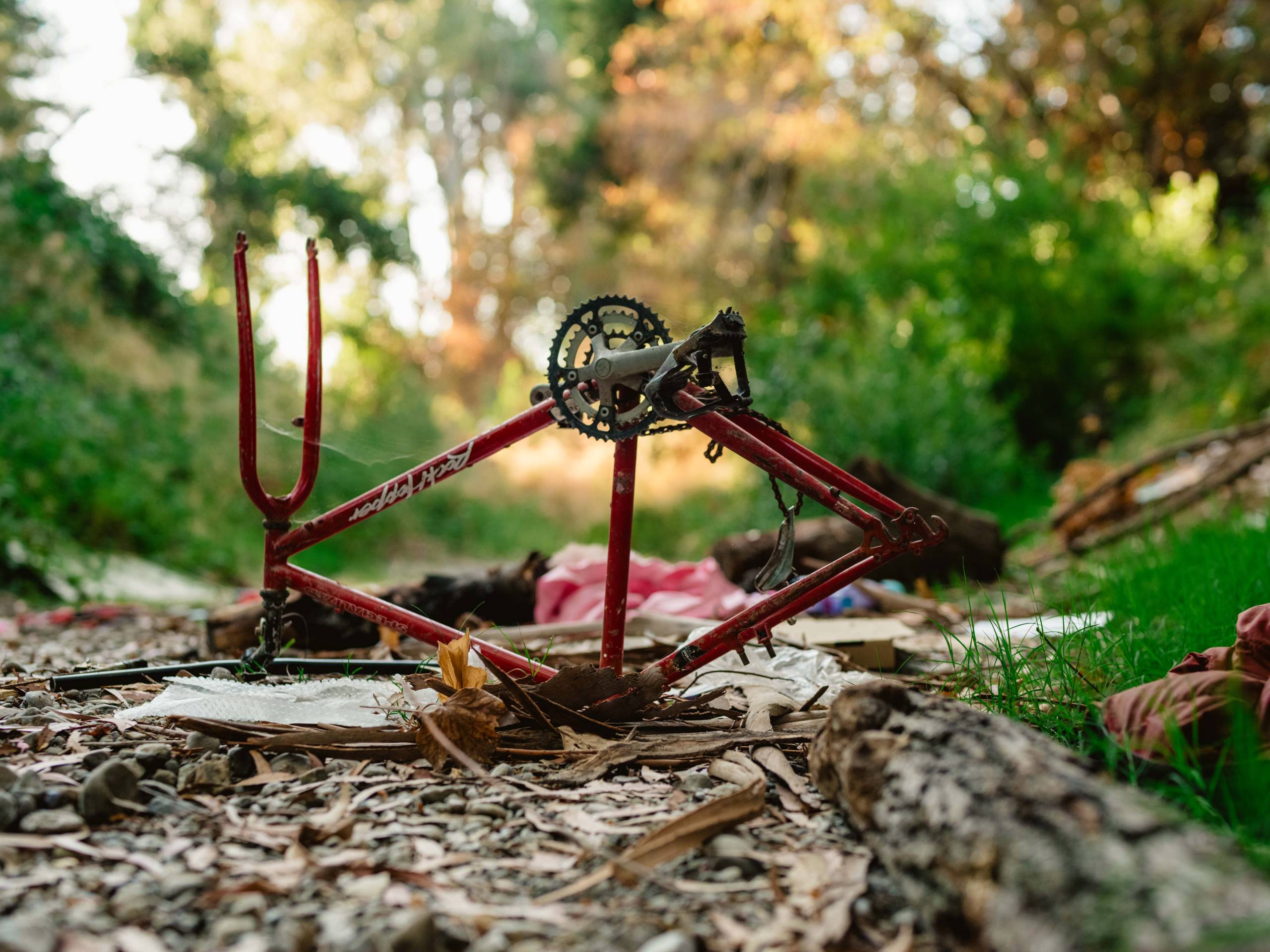 a stripped down bicycle sits abandoned in the middle of a dry creek