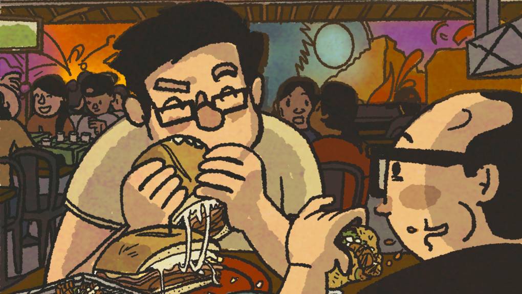 Illustration: Two men eating tacos and tortas inside a dimly lit restaurant.