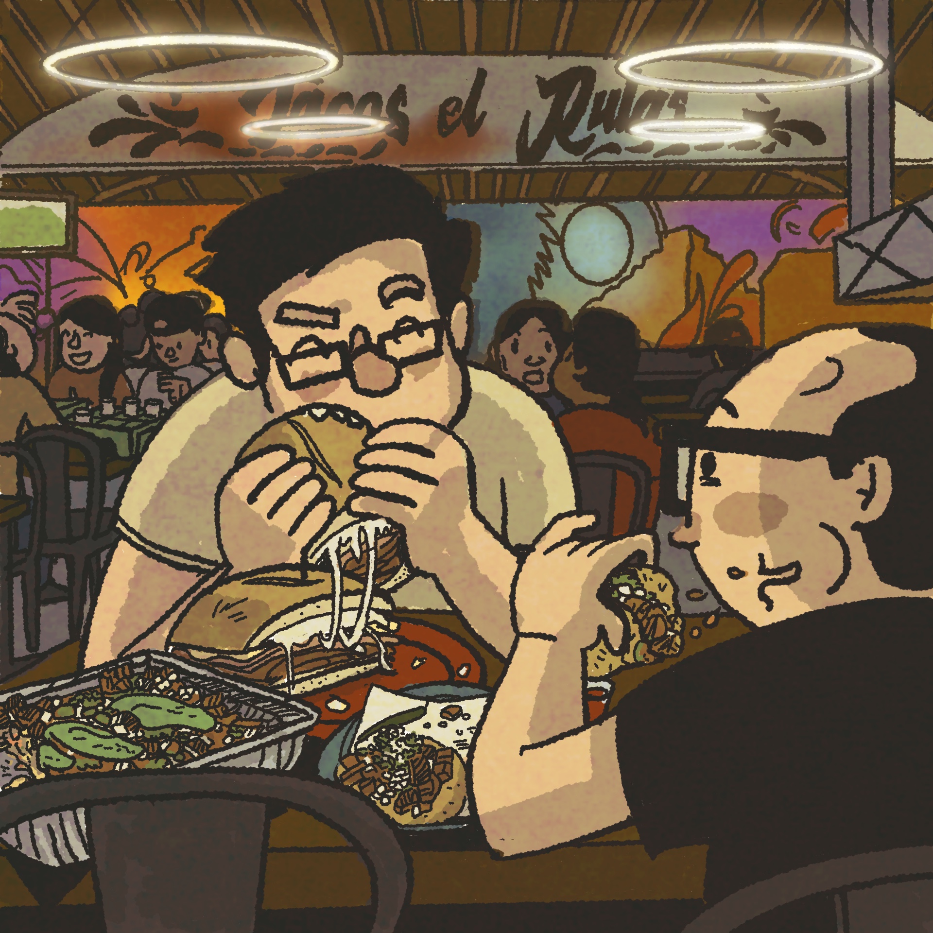 Illustration: Two men eating tacos and tortas inside a dimly lit restaurant.