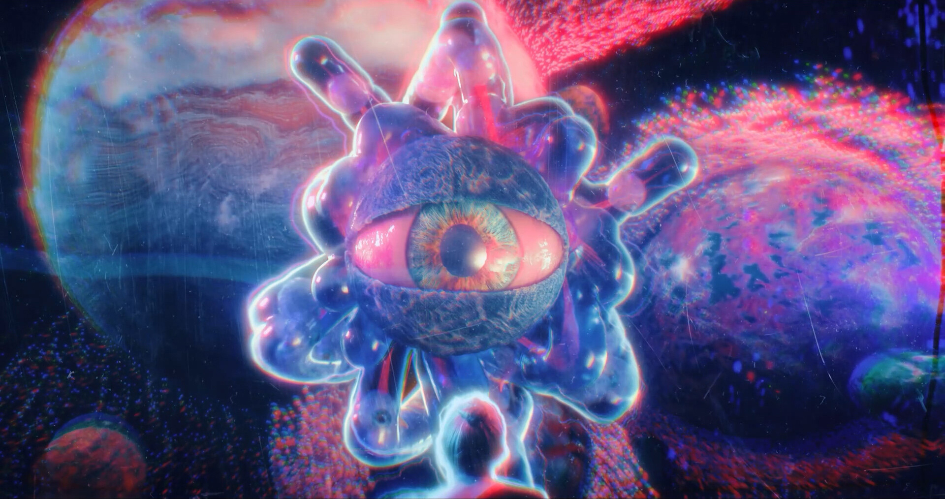 blob with eyeball in dreamy purple and pink cosmic scene