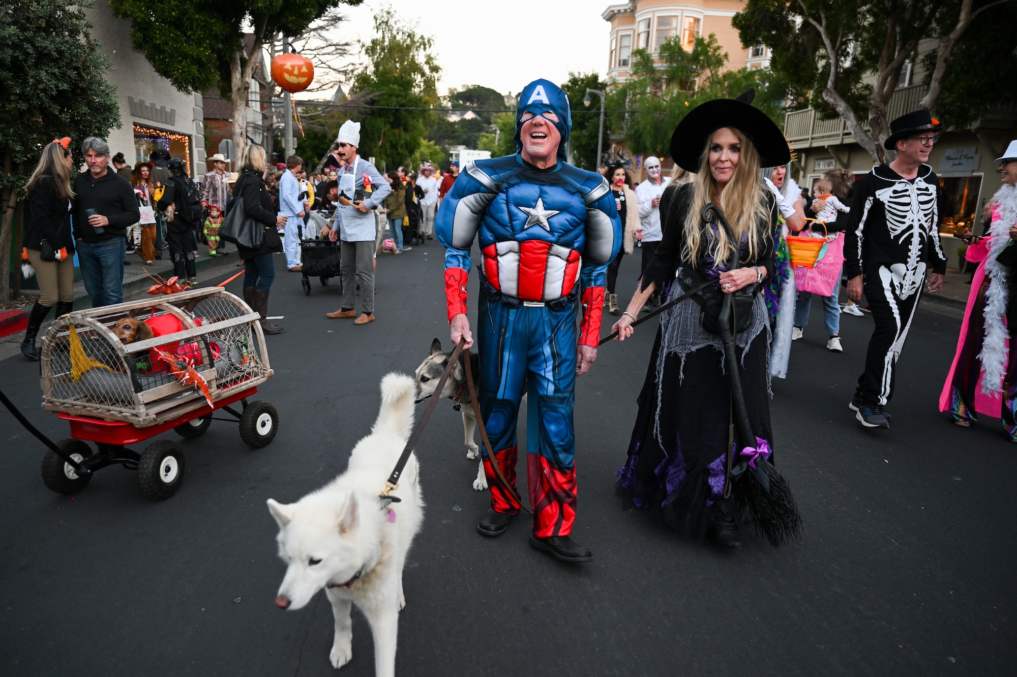 A man dressed as Captain America and a woman dressed as a witch walk a dog through streets busy with people in costumes. A dog dressed as a lobster is nearby on a cart.