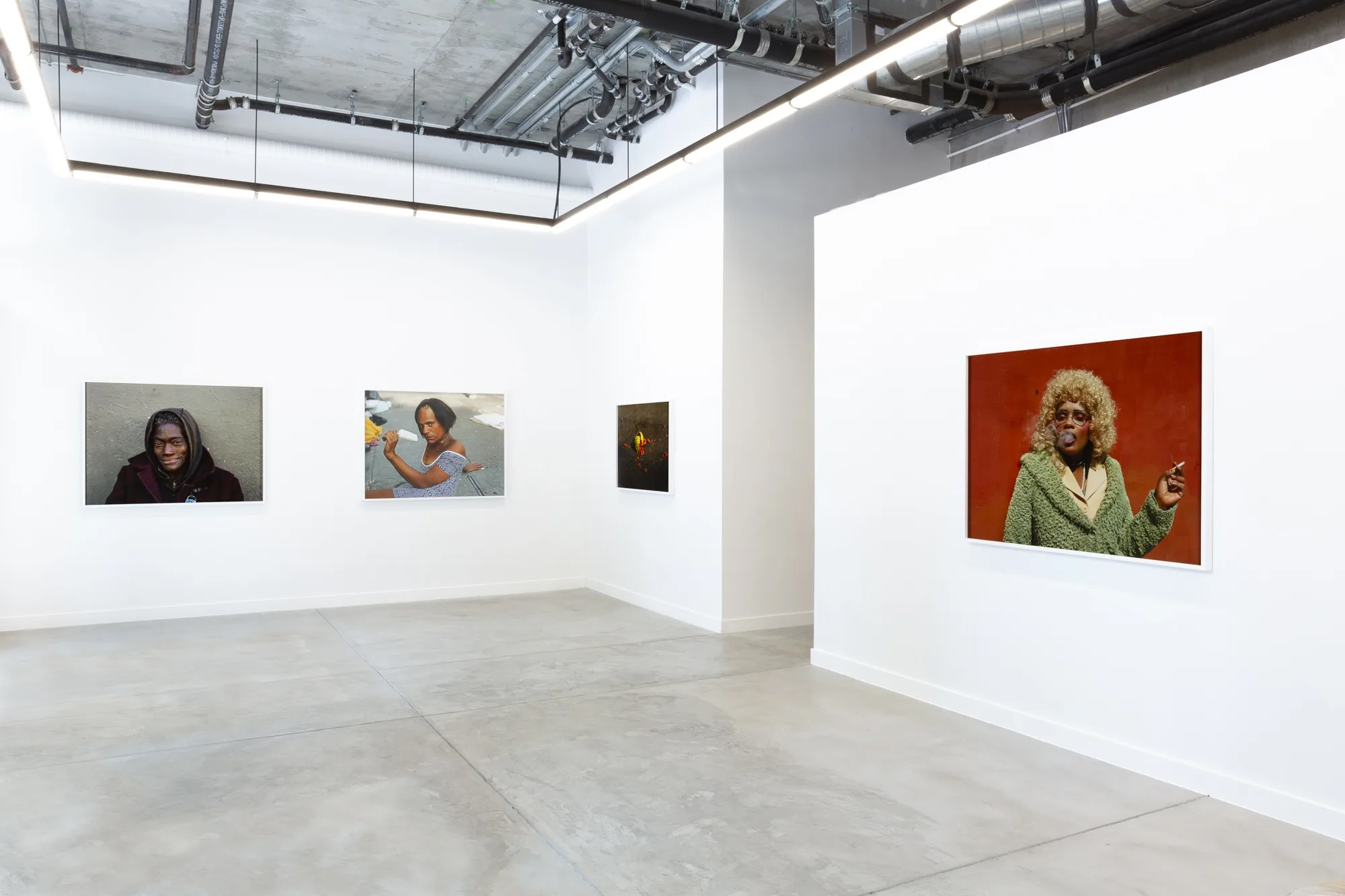 Corner of white-walled gallery with three large-scale color photographs