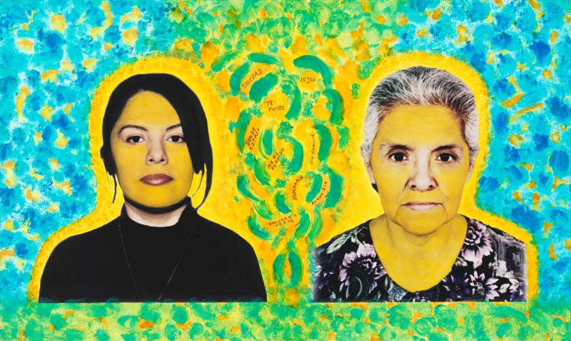 A colorful mixed-media portrait of two Latinas, one younger, one older.