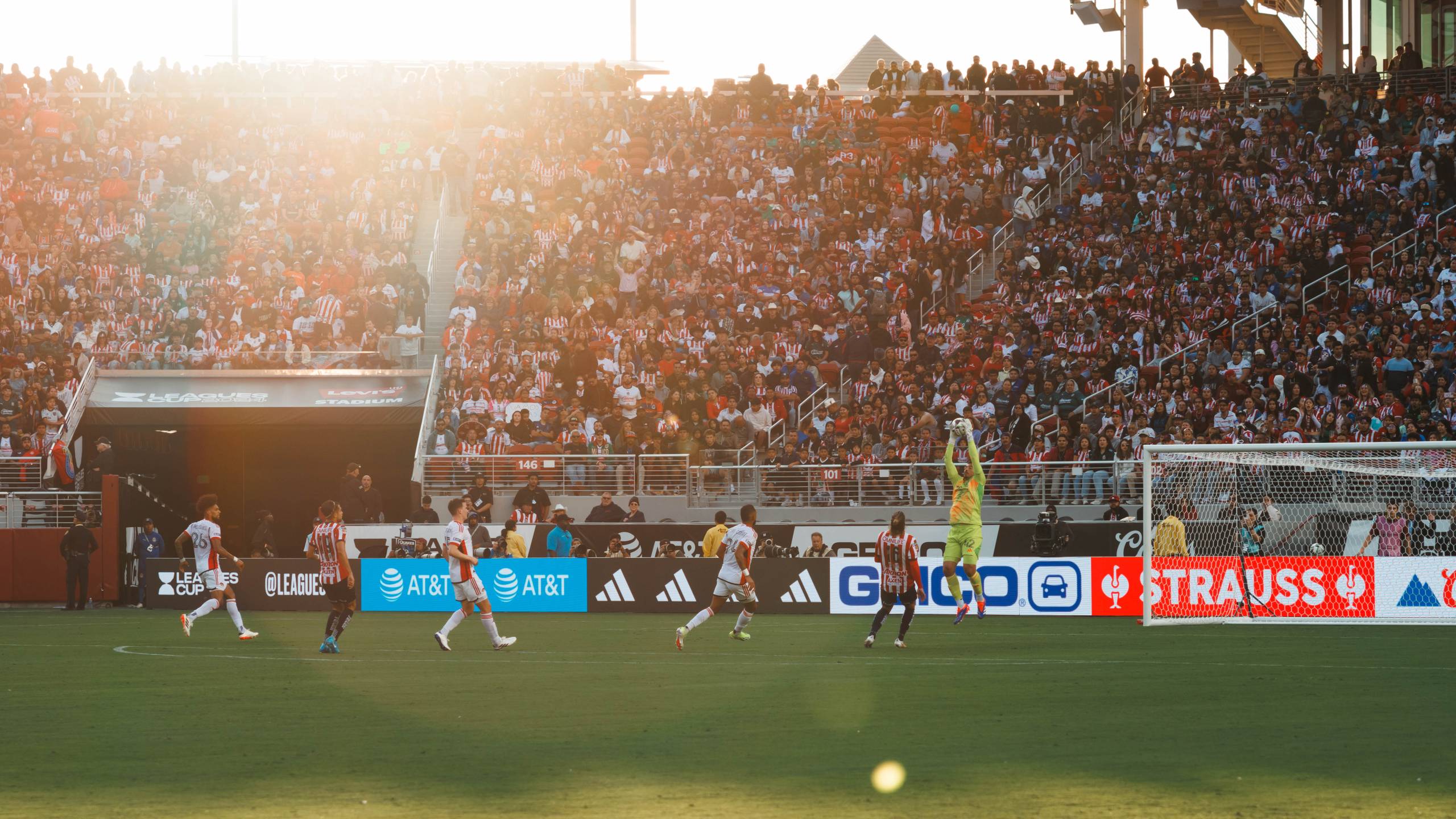 a stadium is filled with fans during a professional soccer game between the San Jose Earthquakes and Guadalajara Chivas