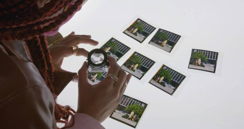 Black woman leans over light table with loupe to look at slides