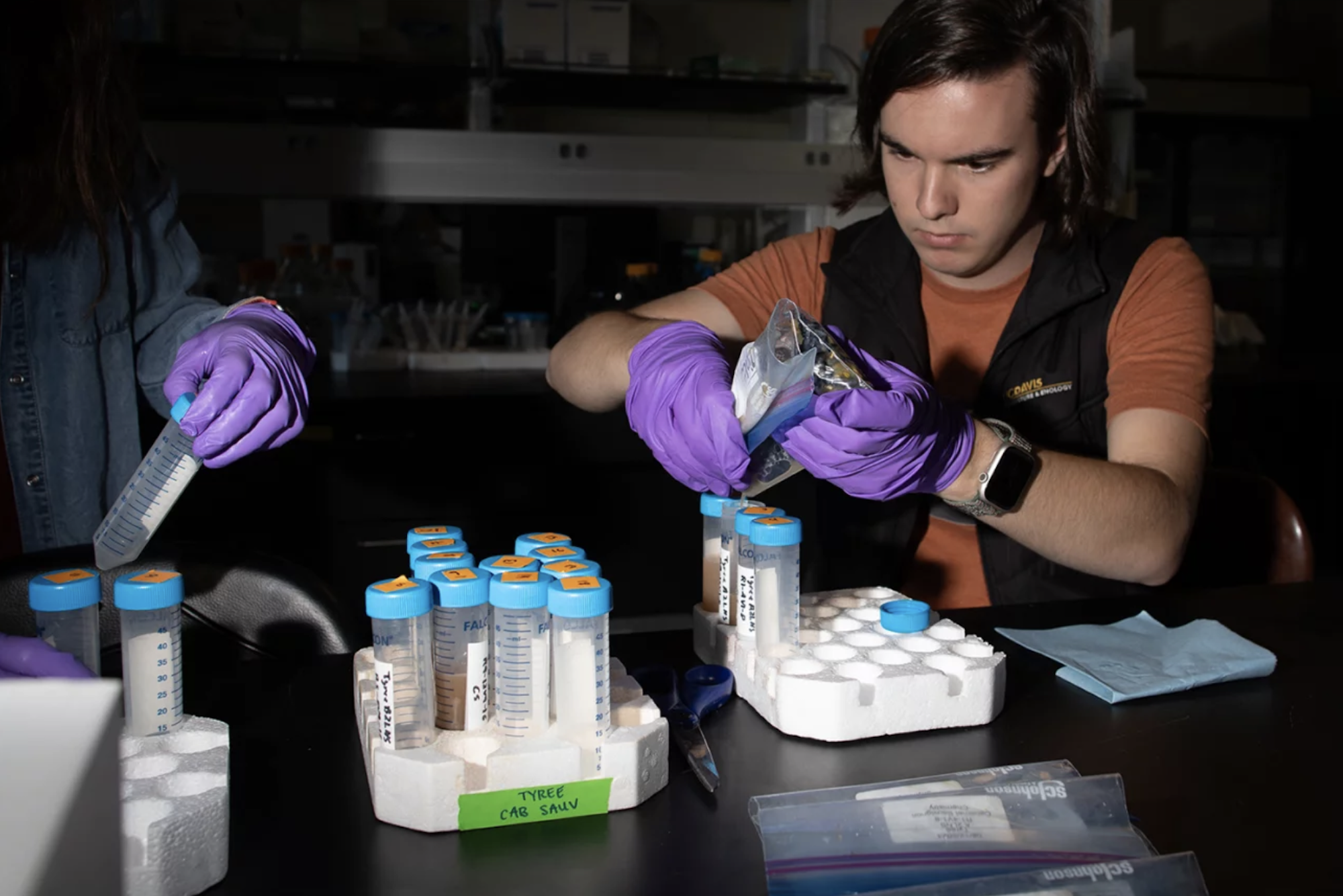 A young man in a lab with rows of plastic test tubes in front of him.