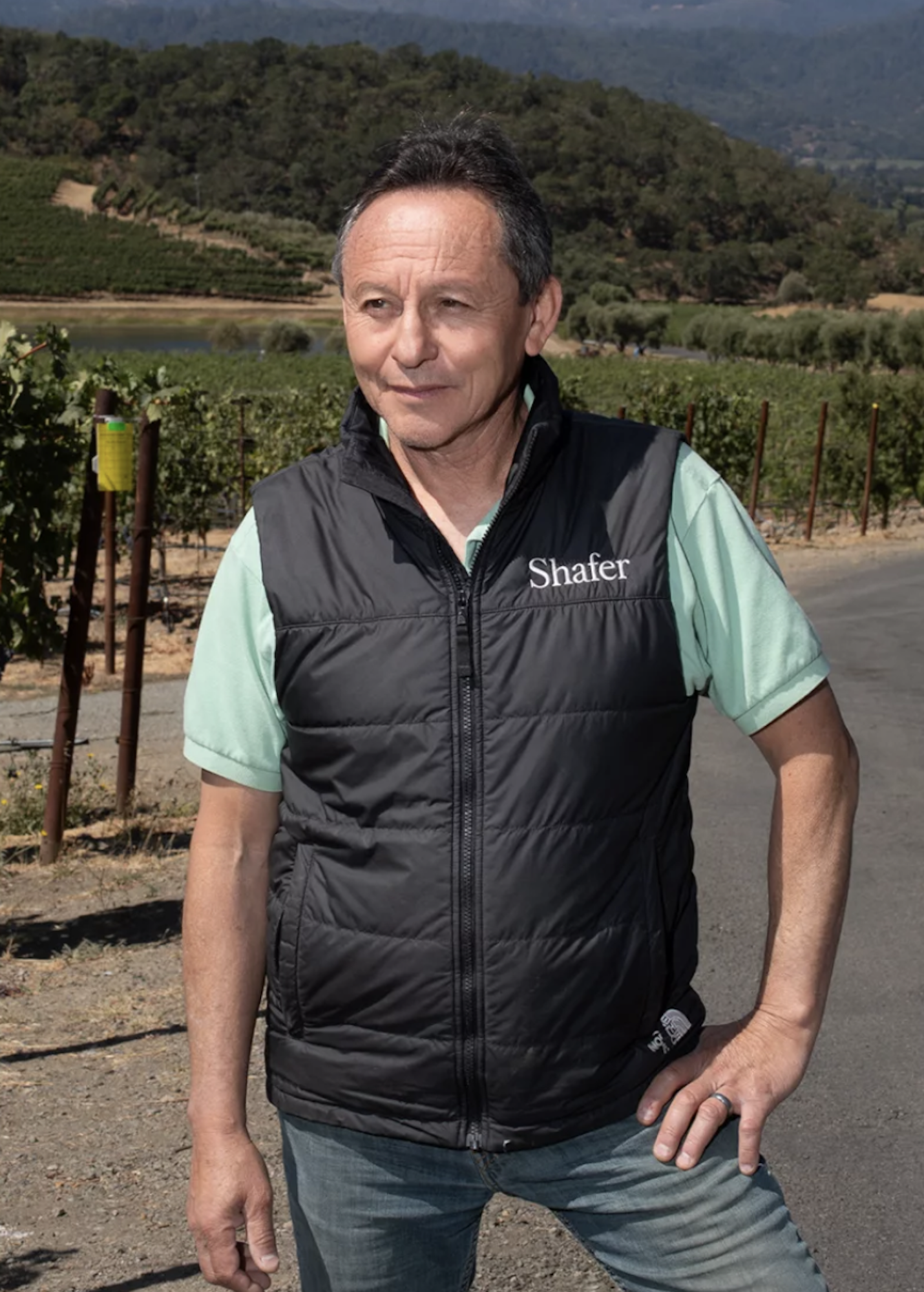 A man stands in front of a vinyard, green hills visible in the distance.