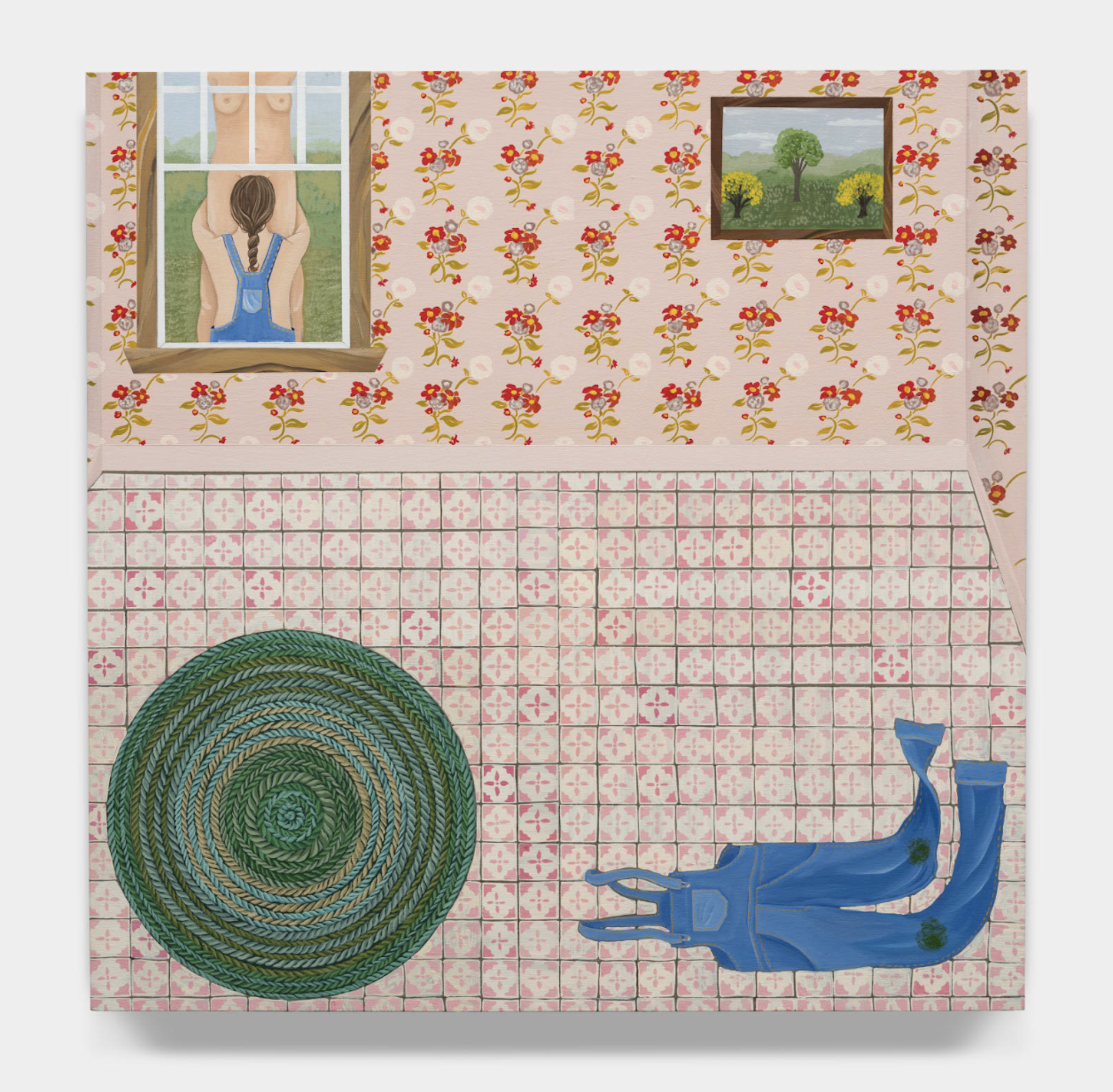 A square painting of a room containing tiled floor, green rug and floral wallpaper. On the floor are overalls with grass stains on the knees. Through a window, the figure of a naked woman stands while another woman in overalls kneels before her, her head at crotch level.