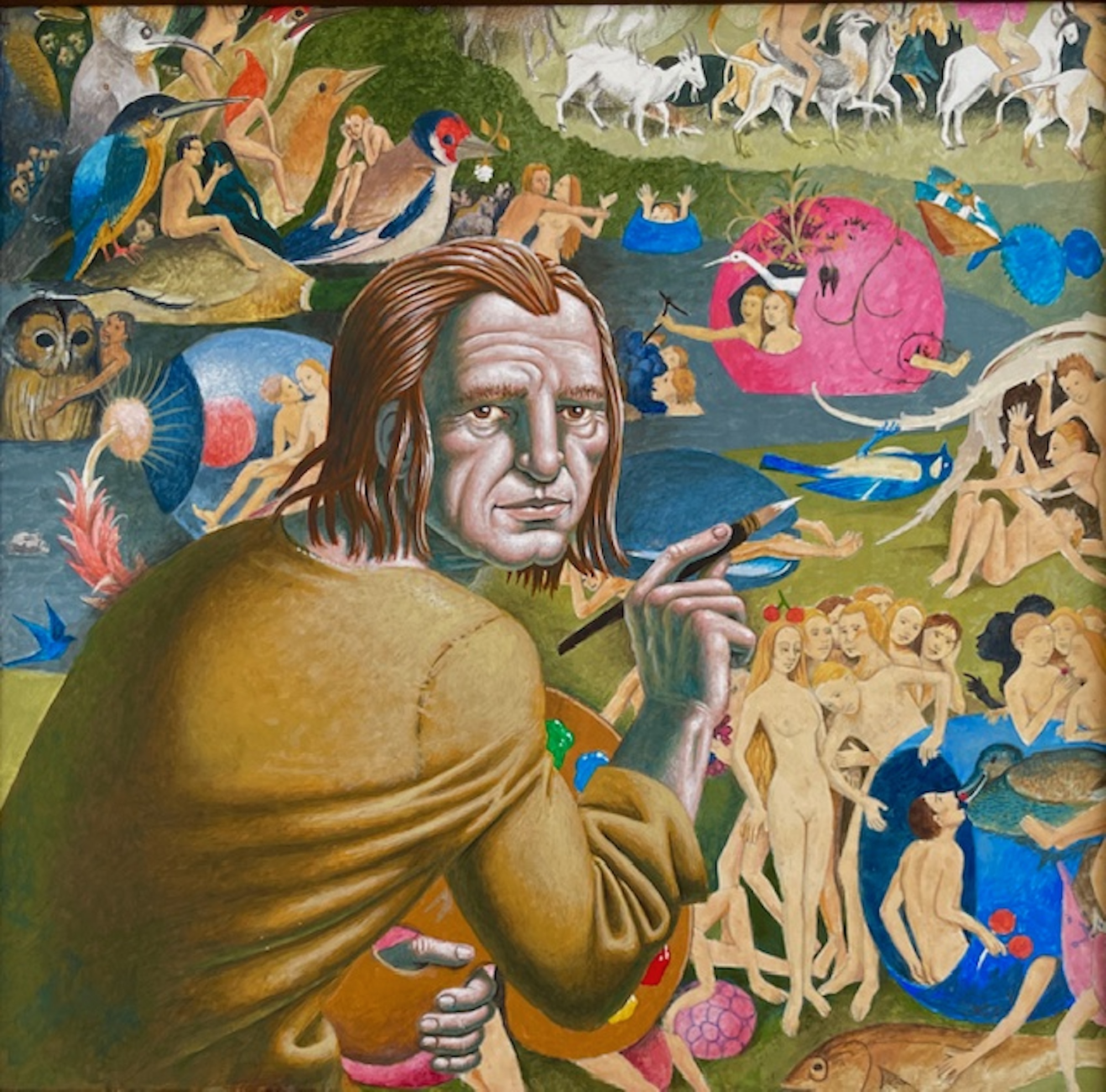 An illustration of a concerned looking man painting a landscape featuring naked people.