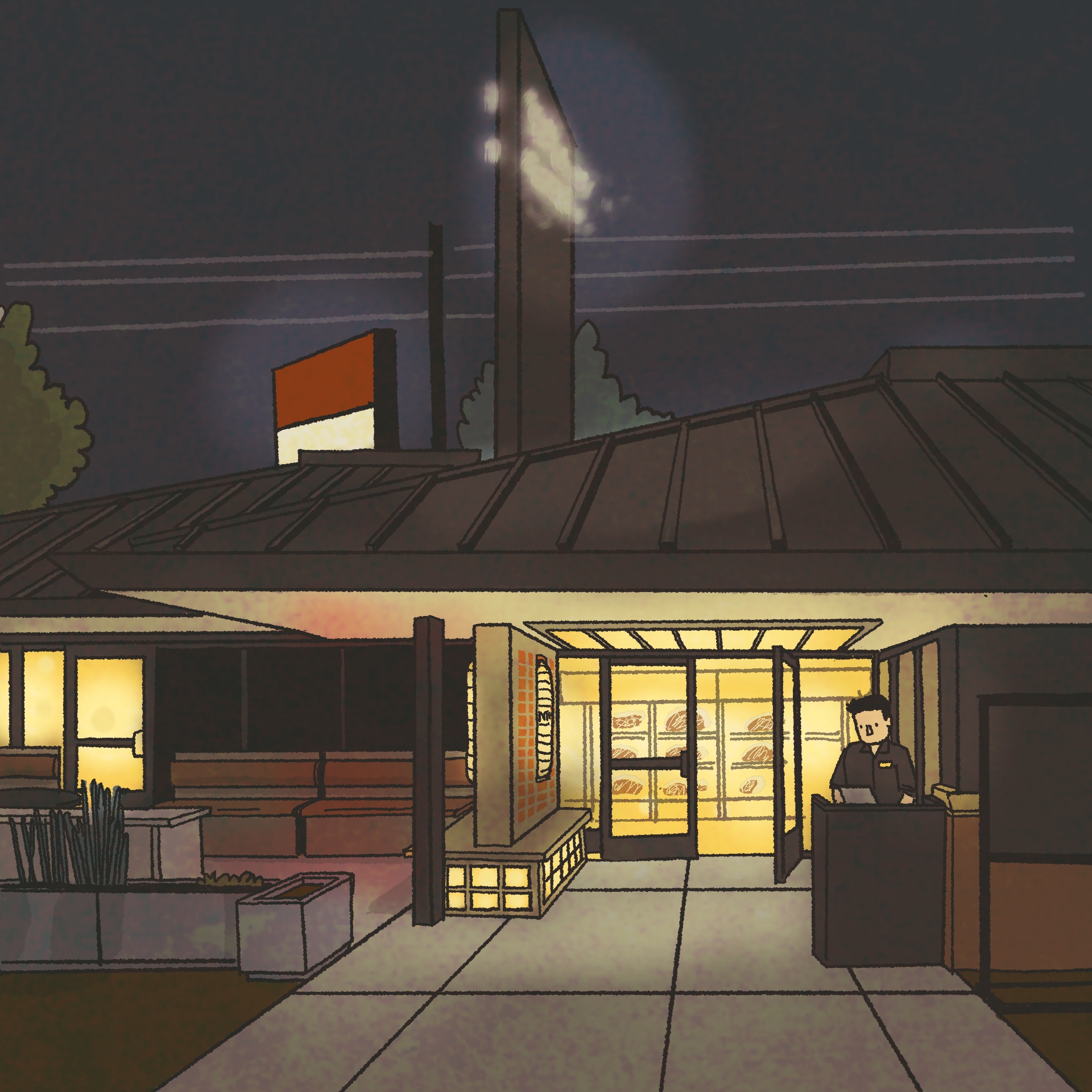 Illustration: The exterior of a restaurant at night. Inside, a display case of meat is lit up.