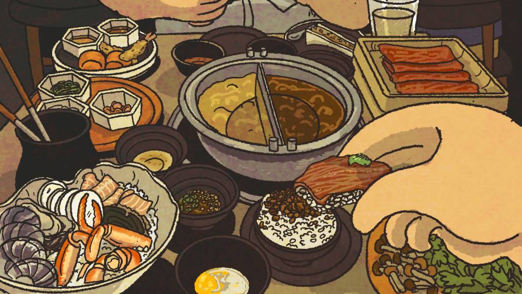 Illustration: a spread of wagyu beef and other hot pot items at a shabu shabu restaurant.