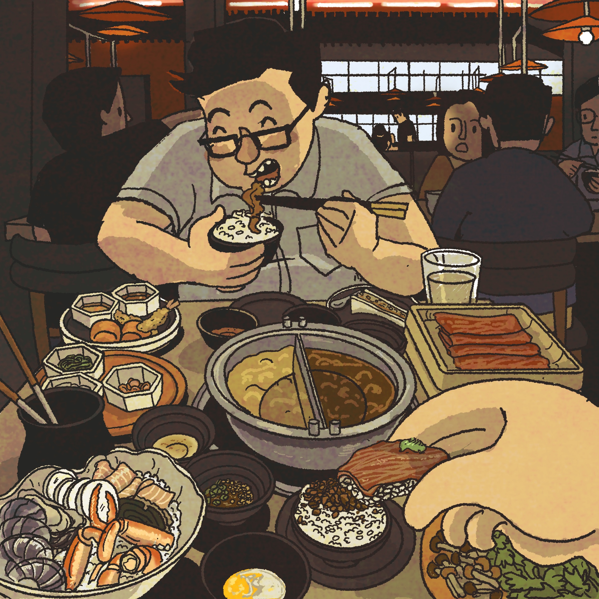 Illustration: A man chows down on a spread of wagyu beef and other hot pot items at a shabu shabu restaurant.