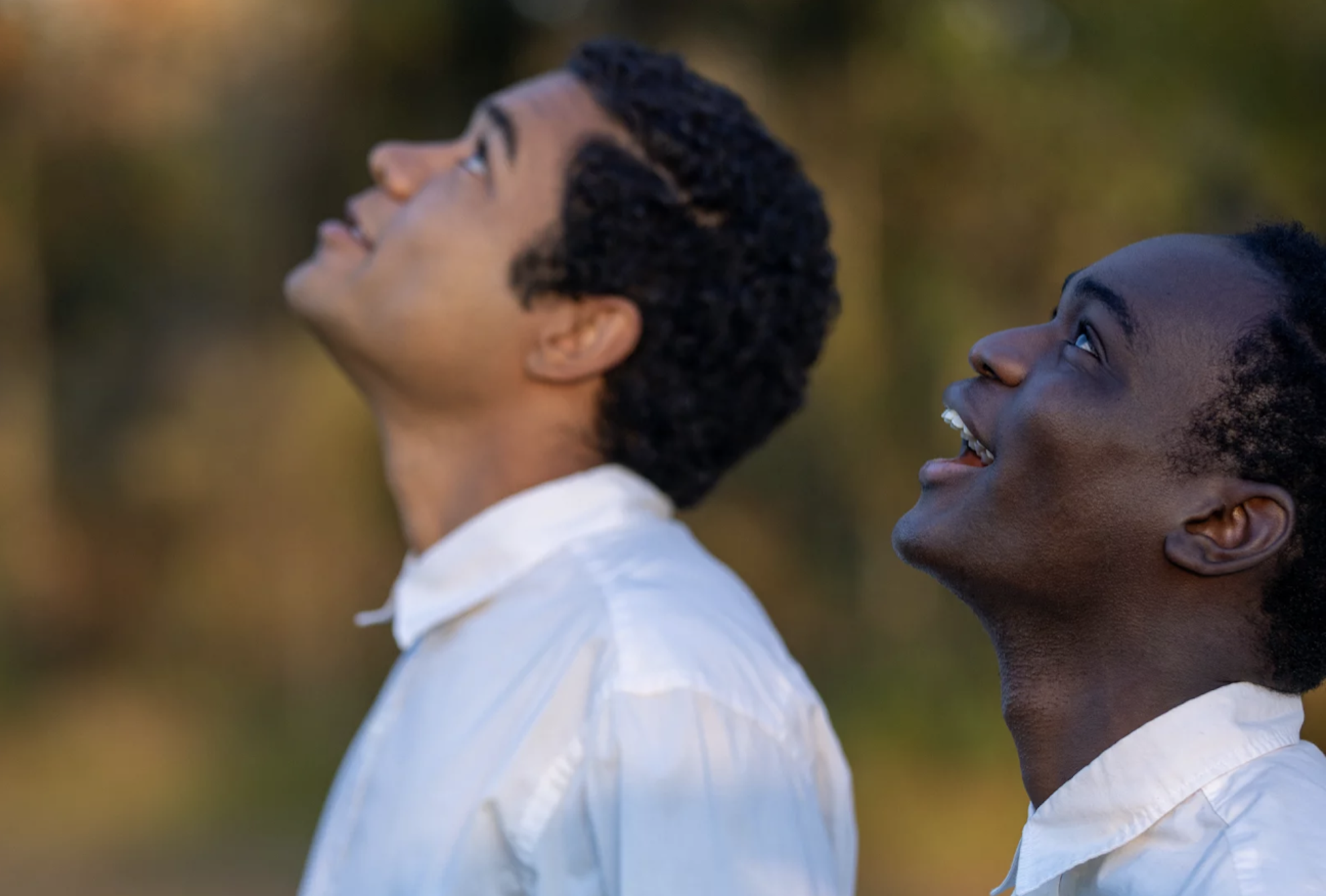 Two young men gaze up at the sky.