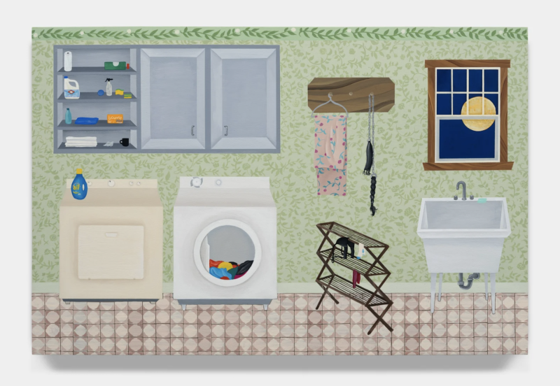 A painting of a tiled laundry room containing washer, dryer, cabinets, sink and drying rack holding a black bra.