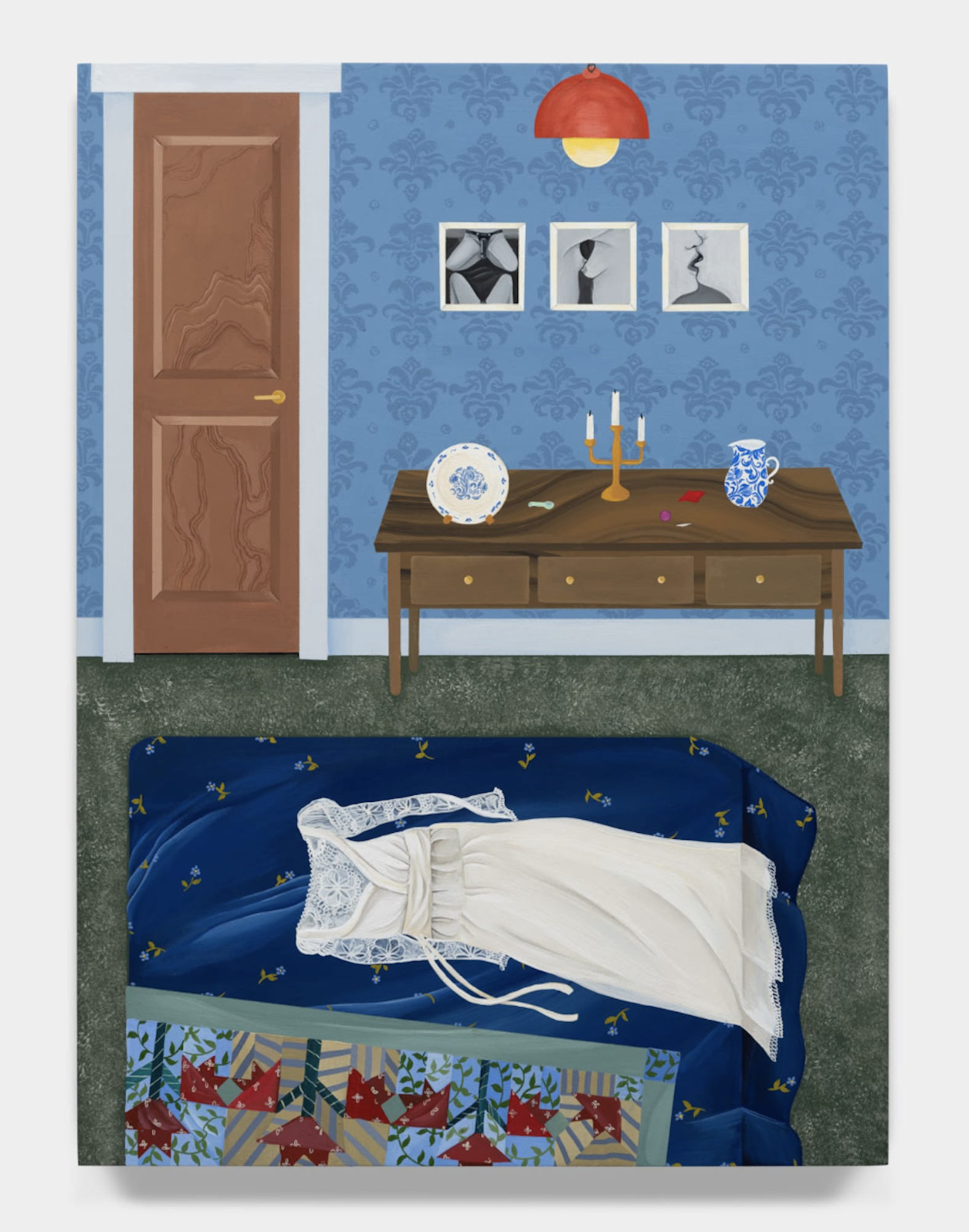 A painting of a cosy room containing a bed with a wedding dress on it. Hanging on the wall are three images of lesbian lovers.