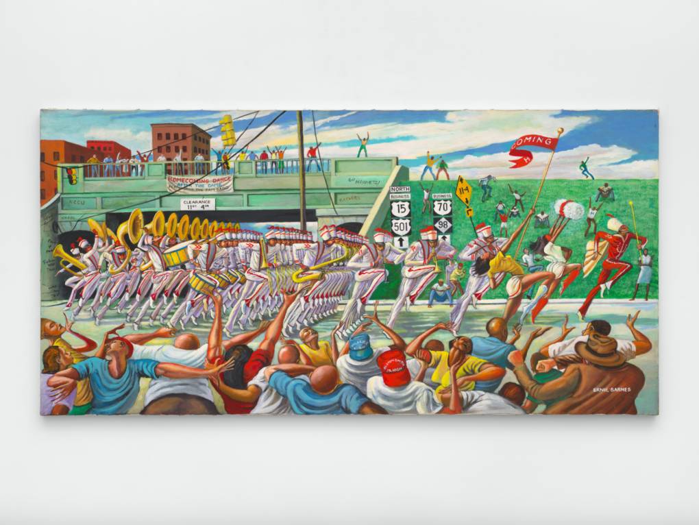 painting of a parade with marching band and crowd