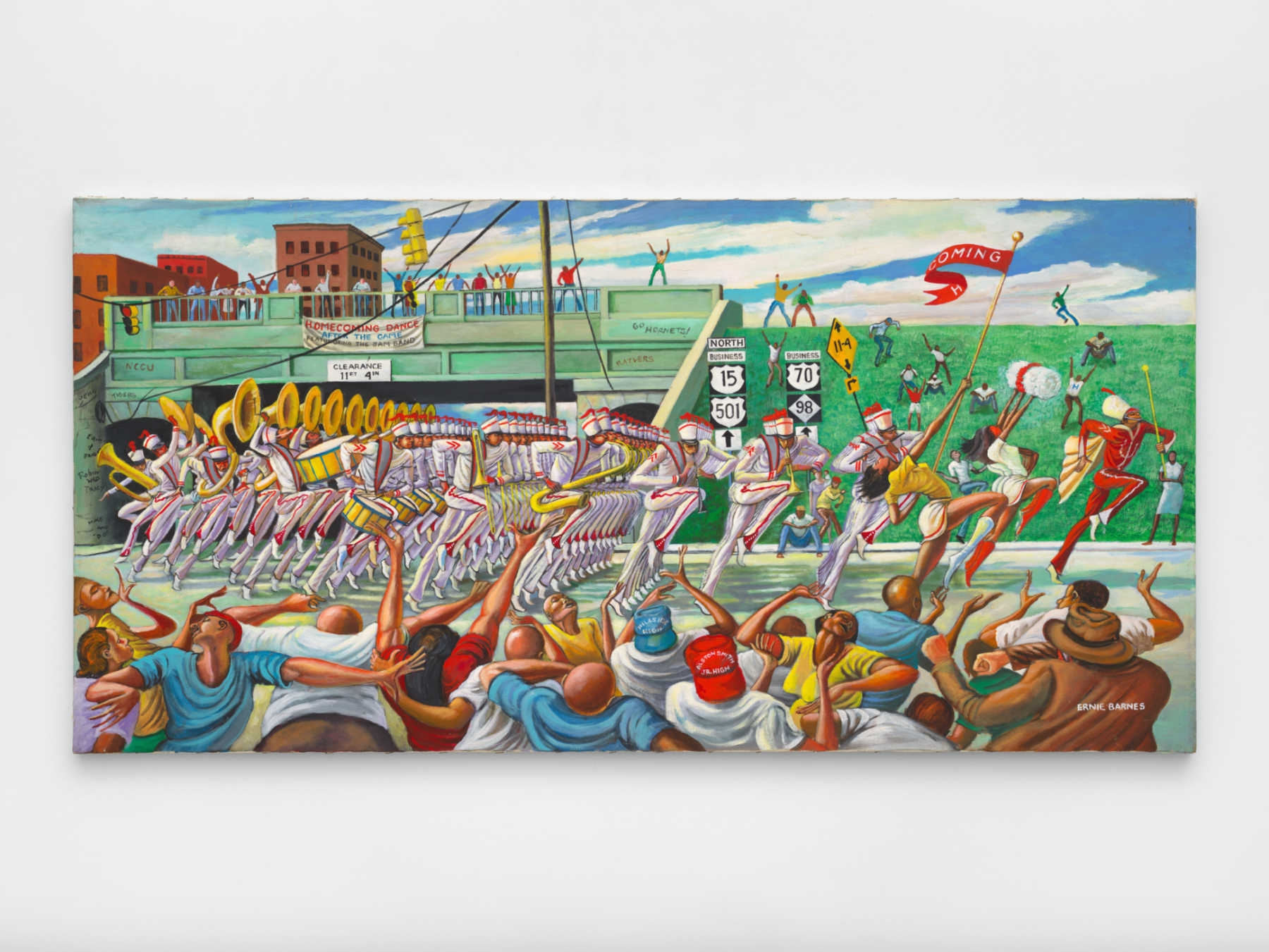 painting of a parade with marching band and crowd