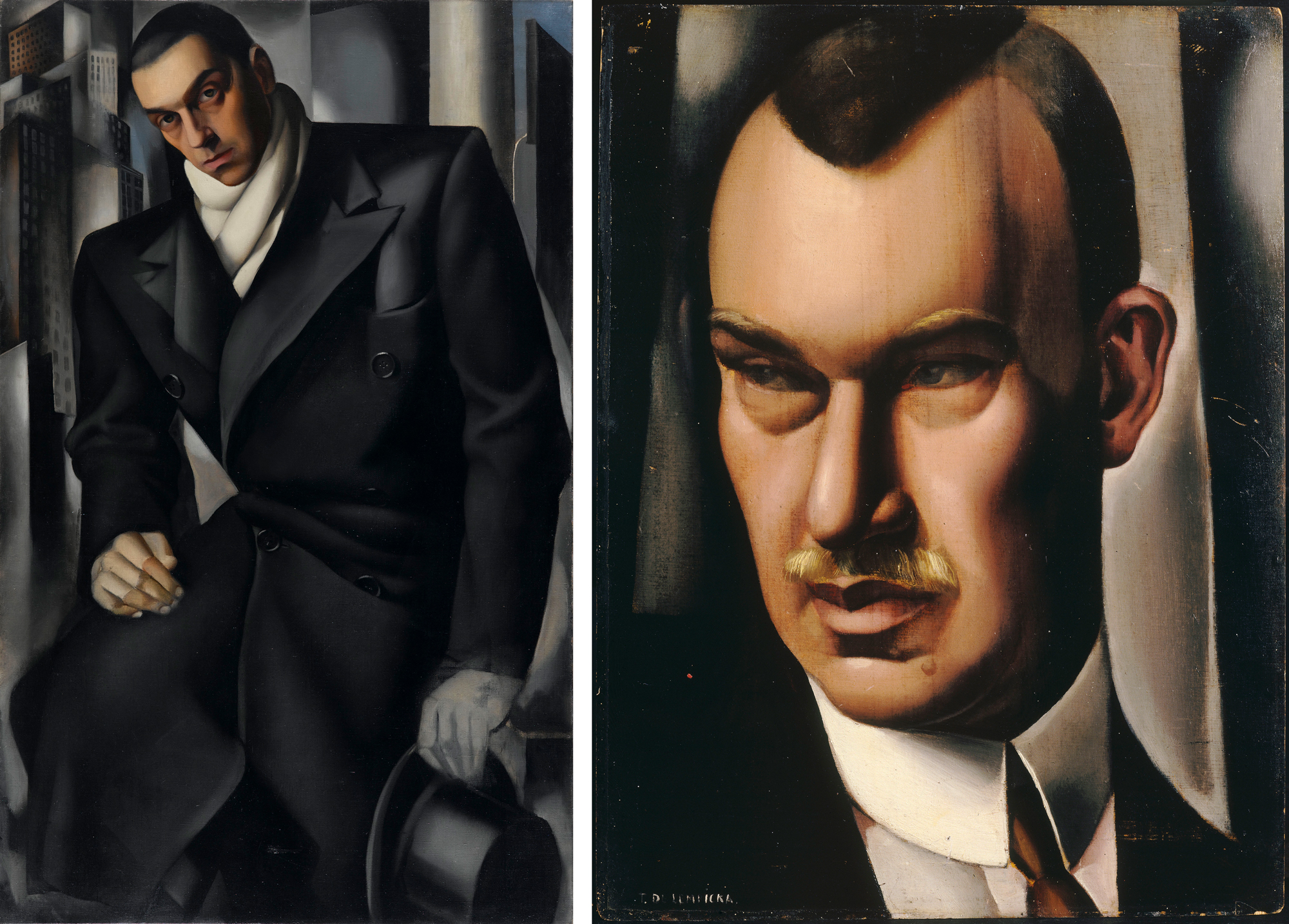 two paintings of men in angular, high contrast style